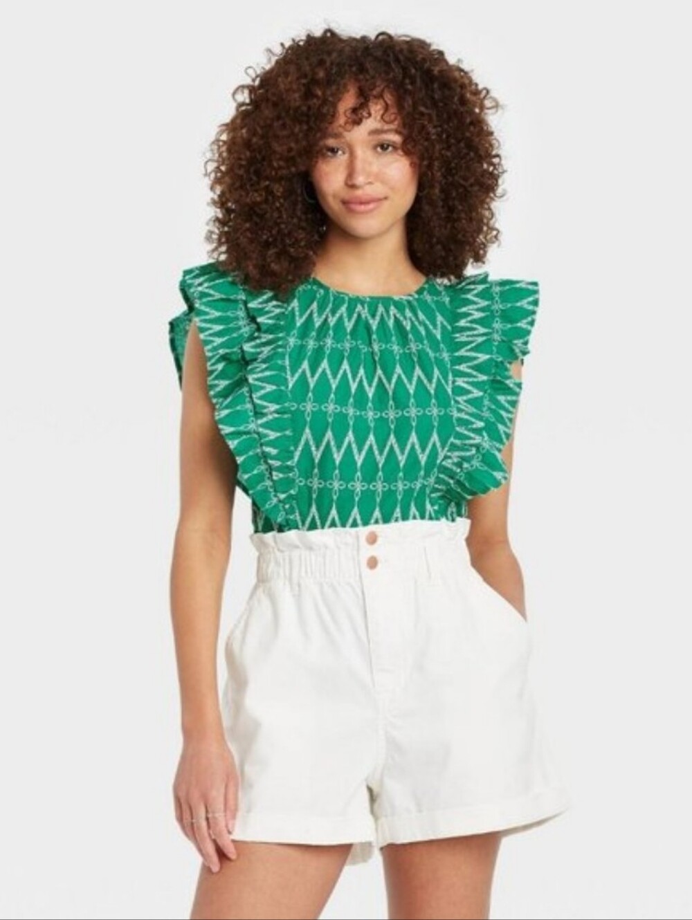 Universal Thread Flounce Sleeve Embroidered Ruffle Blouse Size S Teal Green
